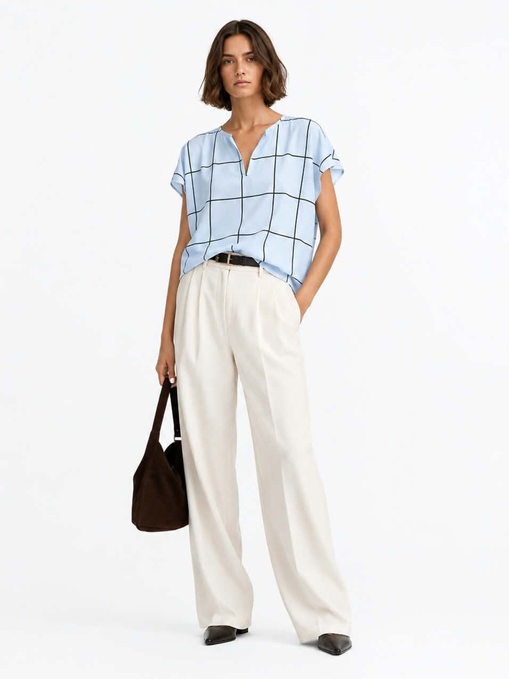 4/$20➡️ Light Blue Windowpane V-Neck Blouse – Size XL EUC